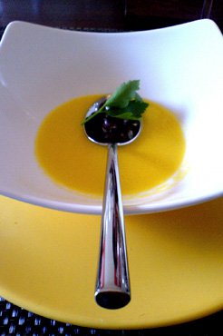 Corn soup with black bean salsa