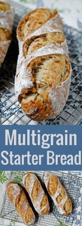 A detailed recipe for crusty, open-crumbed, flavorful multigrain bread made with a sourdough starter.