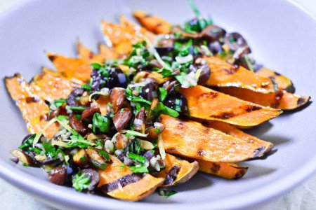 Grilled Sweet Potatoes with Black Olives and Almonds