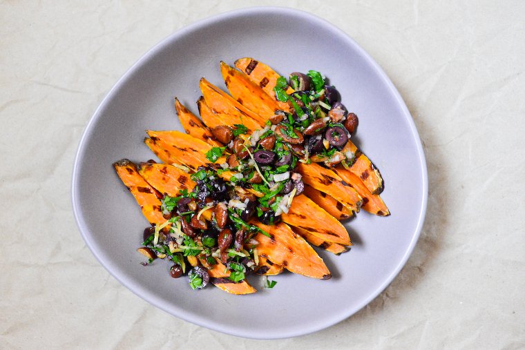 Grilled Sweet Potatoes with Black Olives and Almonds