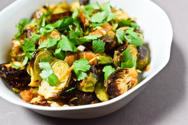 Roasted Brussels Sprouts with Ginger and Kimchi