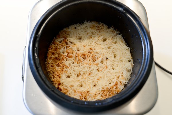 Cooked Coconut Spiced Rice in the Rice Cooker