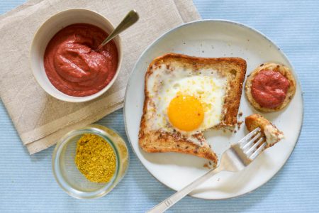 Toad-in-a-hole Toast with Beet Hummus