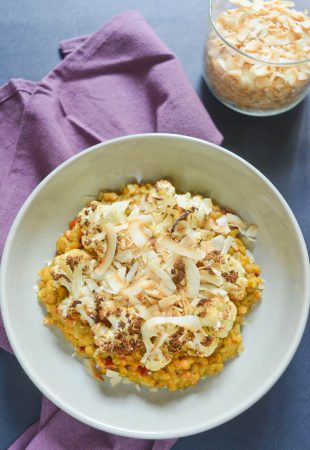 Red Lentil Curry with Cauliflower and Coconut Chips
