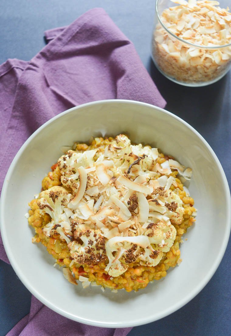 Red Lentil Curry with Cauliflower and Coconut Chips