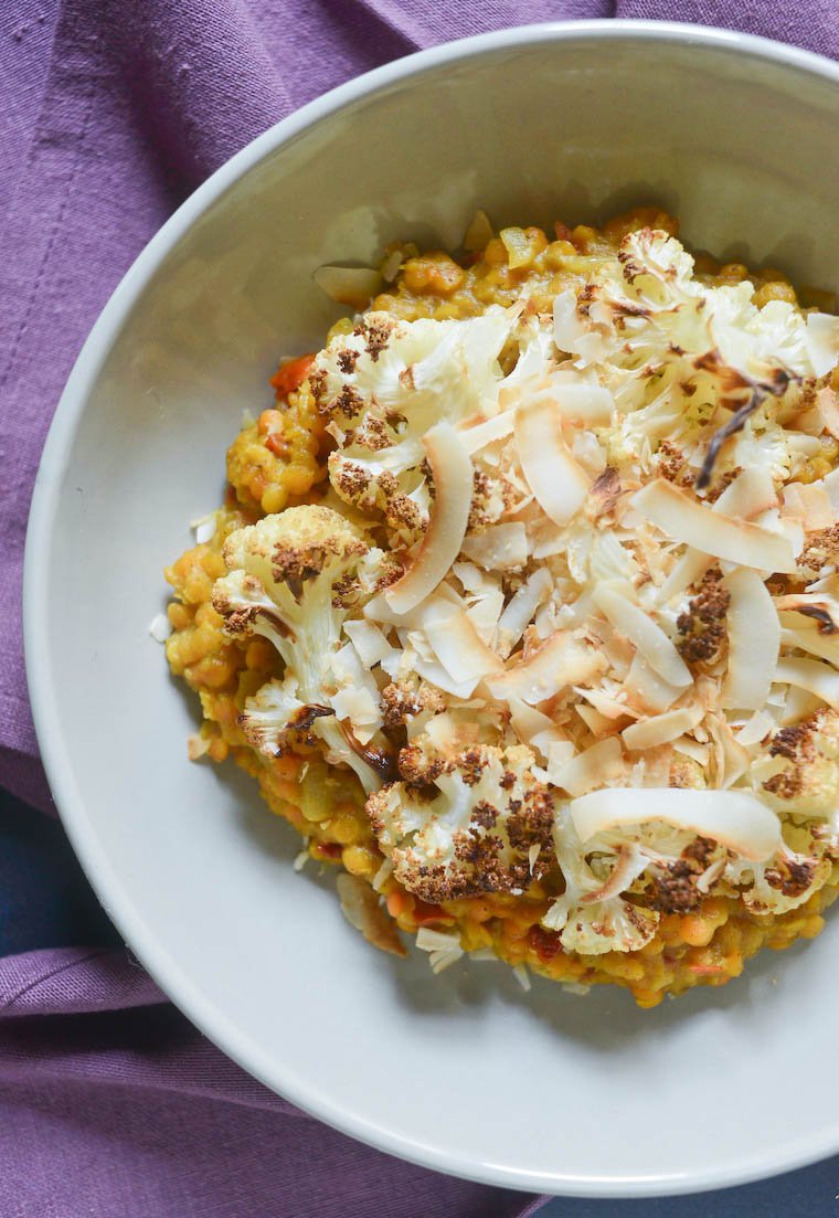 Red Lentil Curry with Cauliflower and Coconut Chips