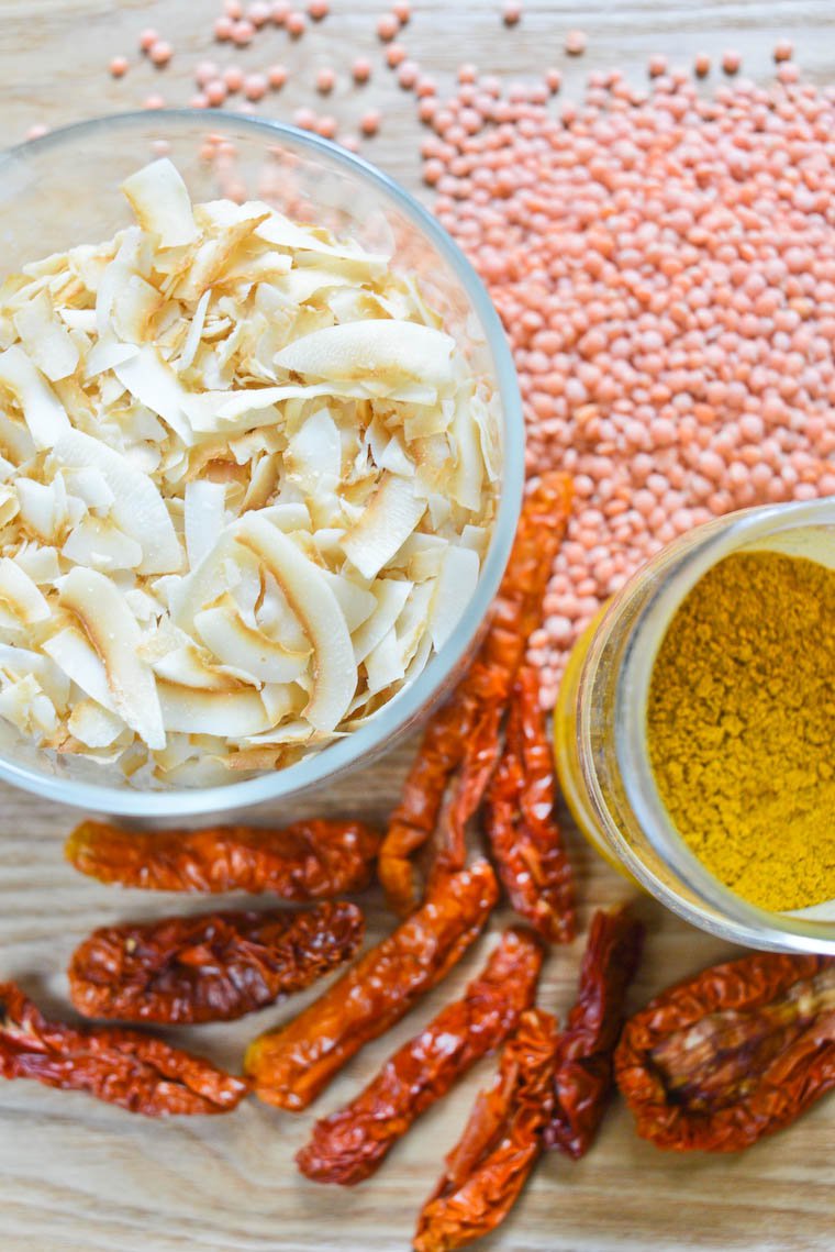 Red Lentil Curry with Cauliflower and Coconut Chips