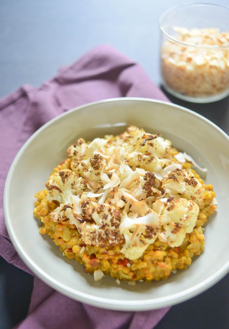 Red Lentil Curry with Cauliflower and Coconut Chips